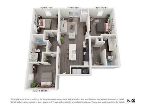 Floor plan for 3 beds, 2 baths, 1322 sqft